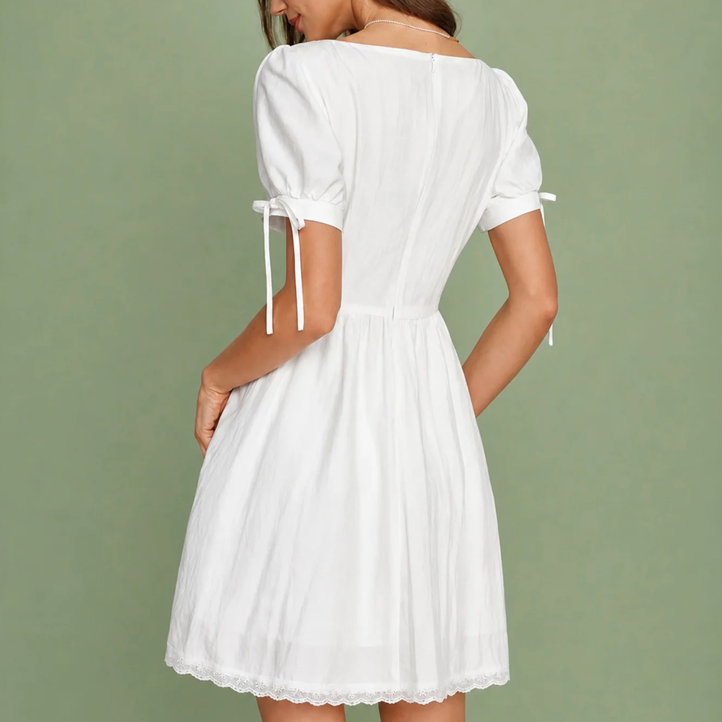 White Square Neck Lace‑Trim Puffed Sleeve A‑Line Mini Dress