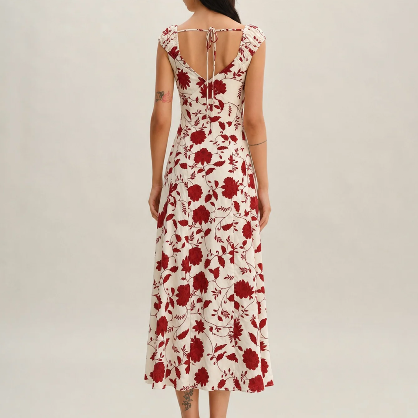 Red Floral Sweetheart Neck Tie‑Detail Cap Sleeve Maxi Dress