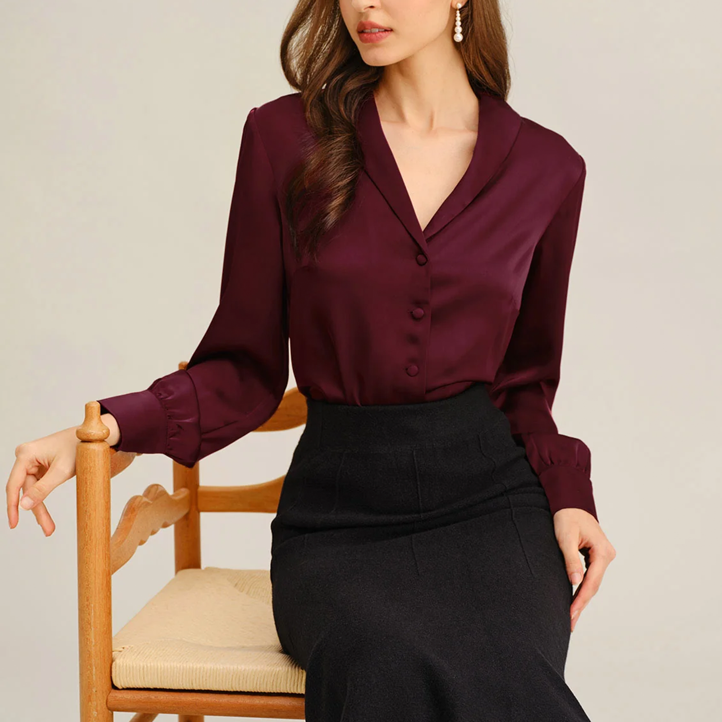 Wine Red Satin Lapel Collar Button‑Front Work Blouse Top