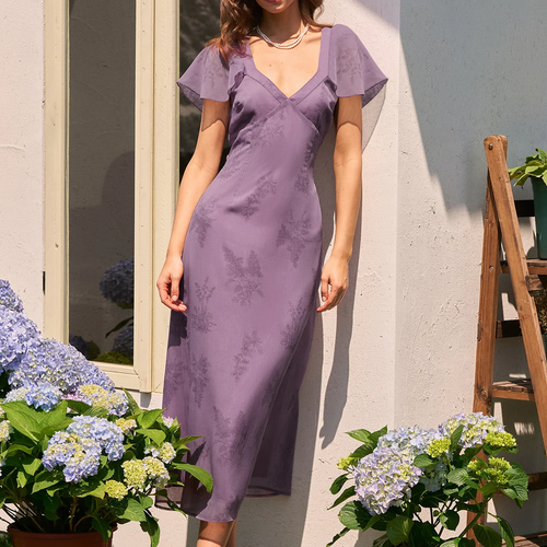 Purple V‑Neck Butterfly Sleeve Floral A‑Line Midi Dress