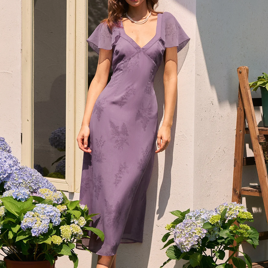 Purple V‑Neck Butterfly Sleeve Floral A‑Line Midi Dress
