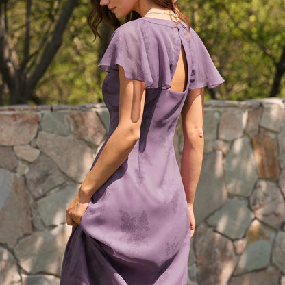 Purple V‑Neck Butterfly Sleeve Floral A‑Line Midi Dress