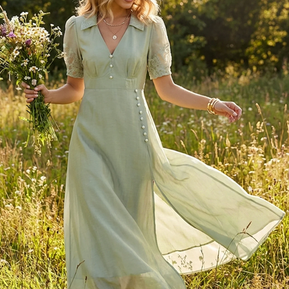 Green V‑Neck Puffed Sleeve Button Slit A‑Line Maxi Dress