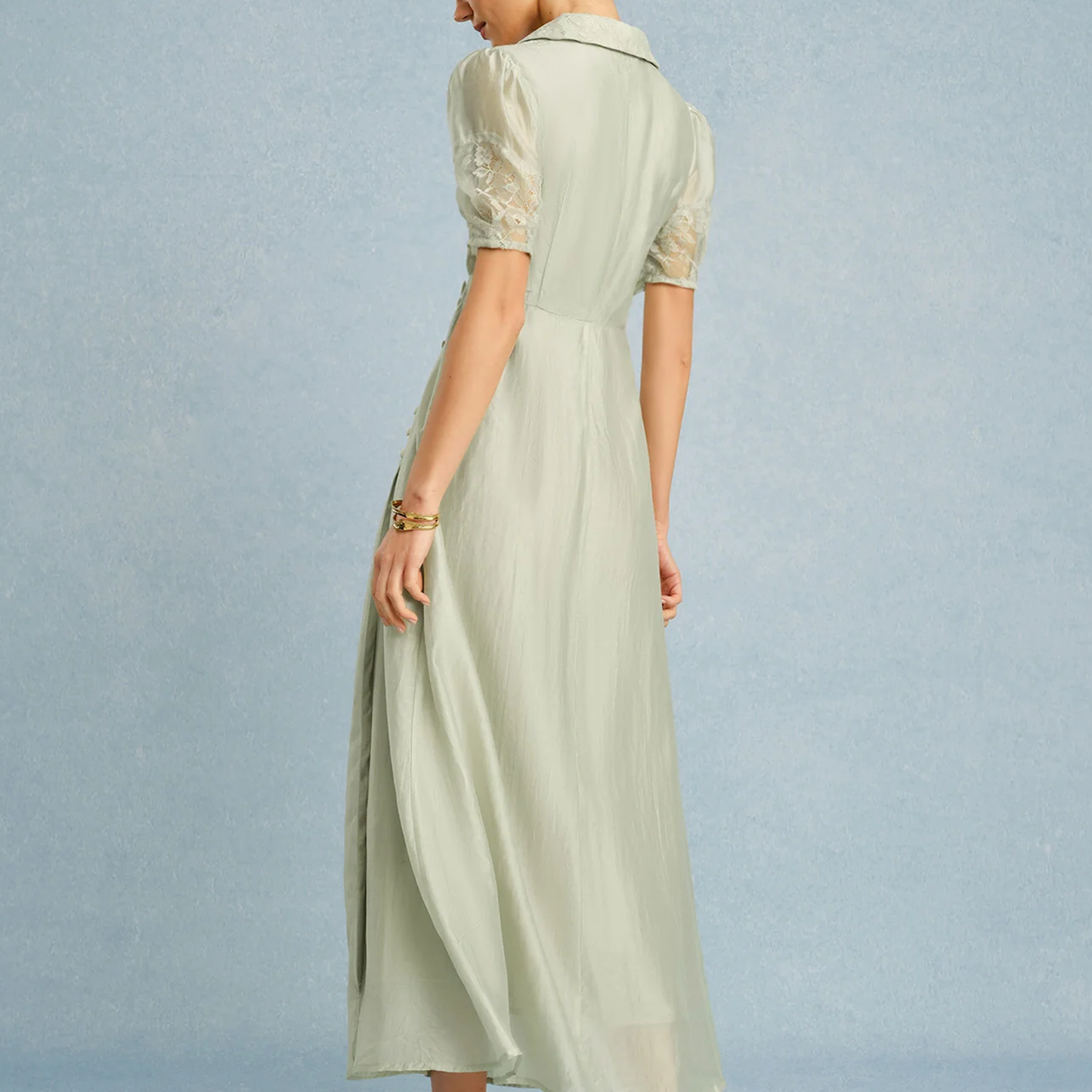 Green V‑Neck Puffed Sleeve Button Slit A‑Line Maxi Dress