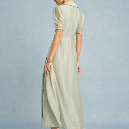 Green V‑Neck Puffed Sleeve Button Slit A‑Line Maxi Dress