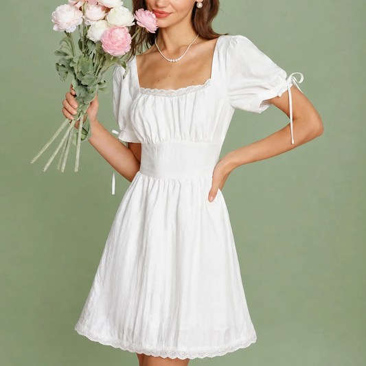 White Square Neck Lace‑Trim Puffed Sleeve A‑Line Mini Dress