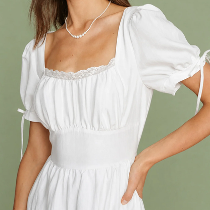White Square Neck Lace‑Trim Puffed Sleeve A‑Line Mini Dress