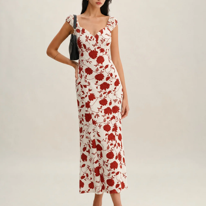 Red Floral Sweetheart Neck Tie‑Detail Cap Sleeve Maxi Dress