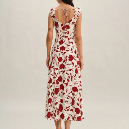 Red Floral Sweetheart Neck Tie‑Detail Cap Sleeve Maxi Dress