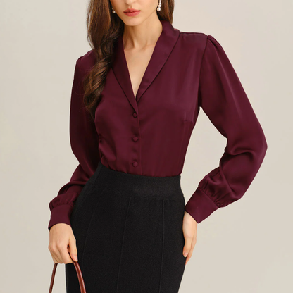 Wine Red Satin Lapel Collar Button‑Front Work Blouse Top