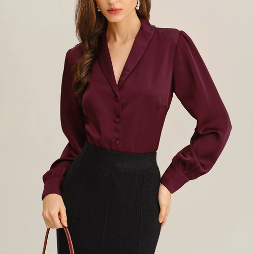 Wine Red Satin Lapel Collar Button‑Front Work Blouse Top