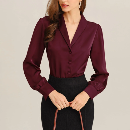 Wine Red Satin Lapel Collar Button‑Front Work Blouse Top