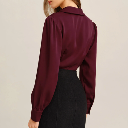 Wine Red Satin Lapel Collar Button‑Front Work Blouse Top