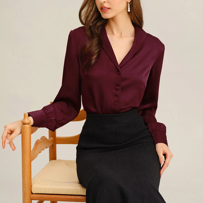 Wine Red Satin Lapel Collar Button‑Front Work Blouse Top