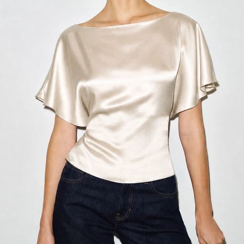 Apricot Boat‑Neck Drop Shoulder Back‑Tie Casual Blouse Top