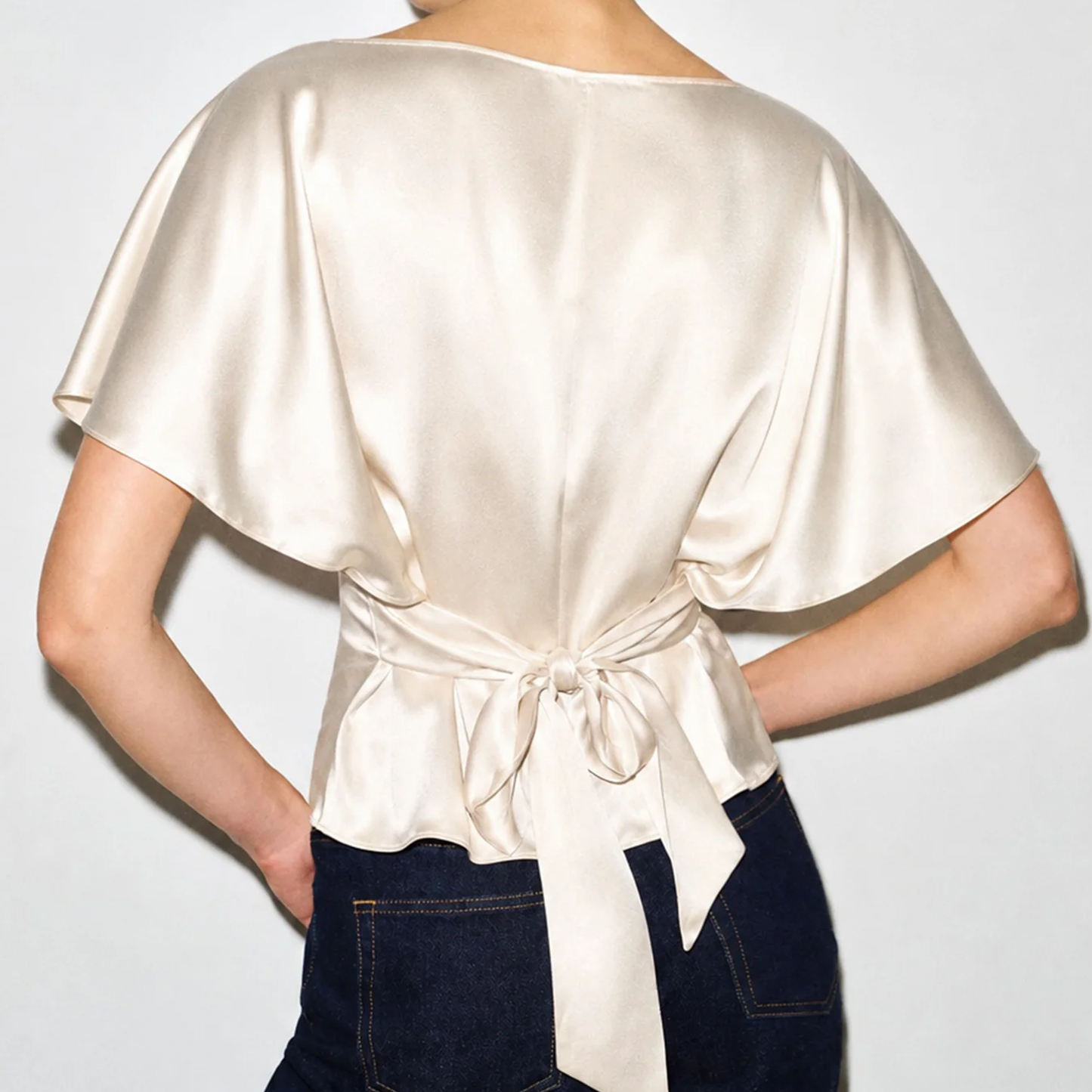Apricot Boat‑Neck Drop Shoulder Back‑Tie Casual Blouse Top