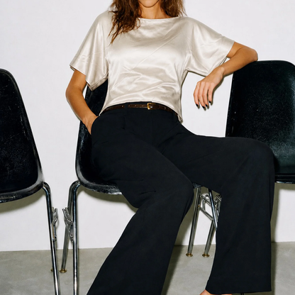 Apricot Boat‑Neck Drop Shoulder Back‑Tie Casual Blouse Top