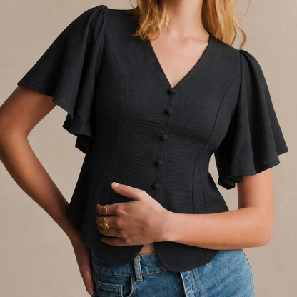 Black V‑Neck Butterfly Sleeve Button‑Front Casual Top