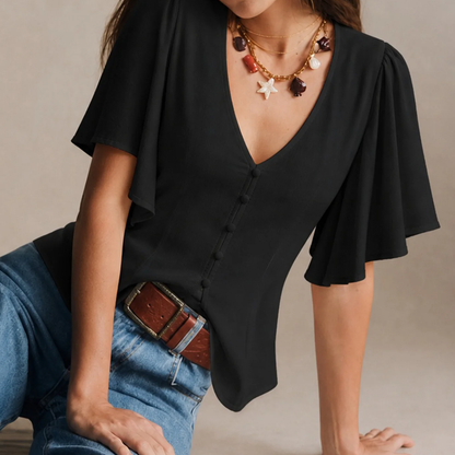 Black V‑Neck Butterfly Sleeve Button‑Front Casual Top
