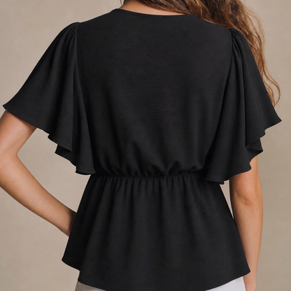 Black V‑Neck Butterfly Sleeve Button‑Front Casual Top