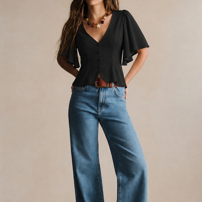 Black V‑Neck Butterfly Sleeve Button‑Front Casual Top